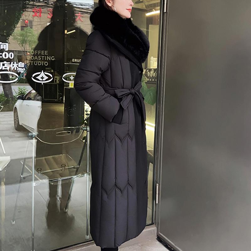 Plussstørrelse L-7XL Mote Vinterjakker Dame Lang Parkas Hette Stor Fuskepelskrage Løs Tykk Varm Overfrakk Casual Damekåper Med Belte