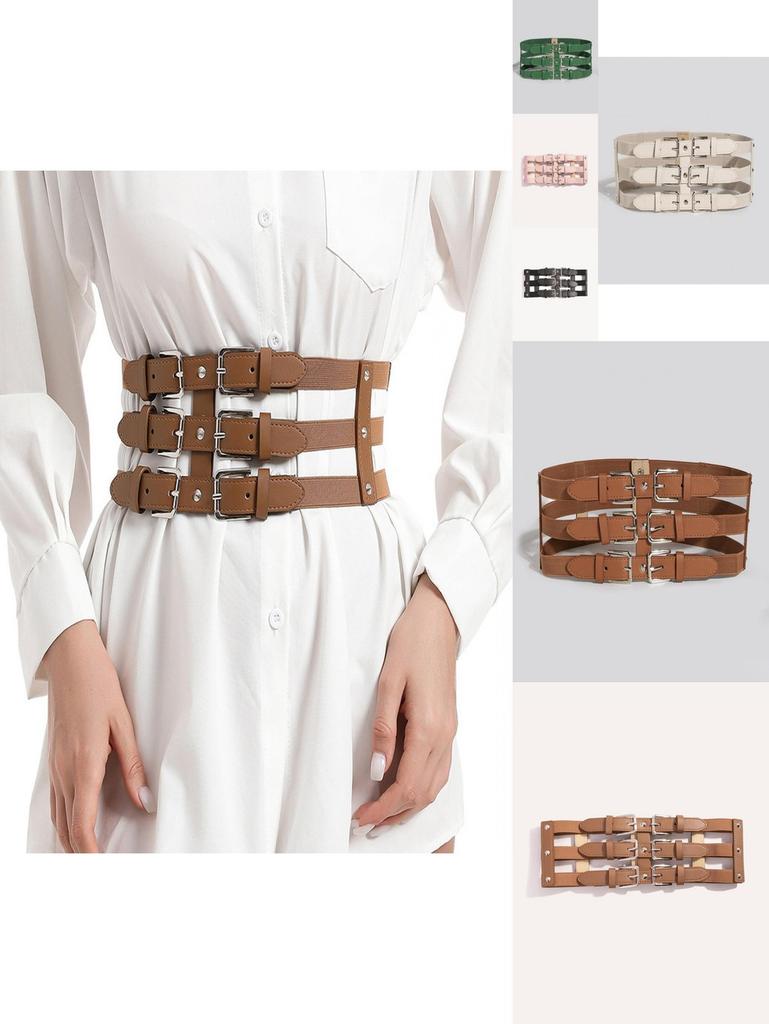Dark Fashion Punk Waist Belt With Threerow Buckles For Edgy Urban Look