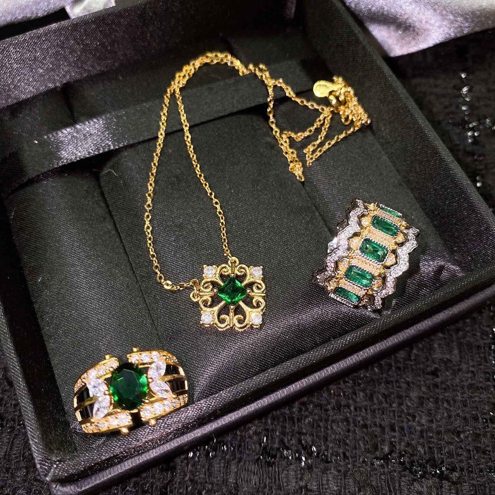 Women Jewelry Set Lace Carved Necklace Imitation Emerald 18K Gold Plated Ring Elegant Gift