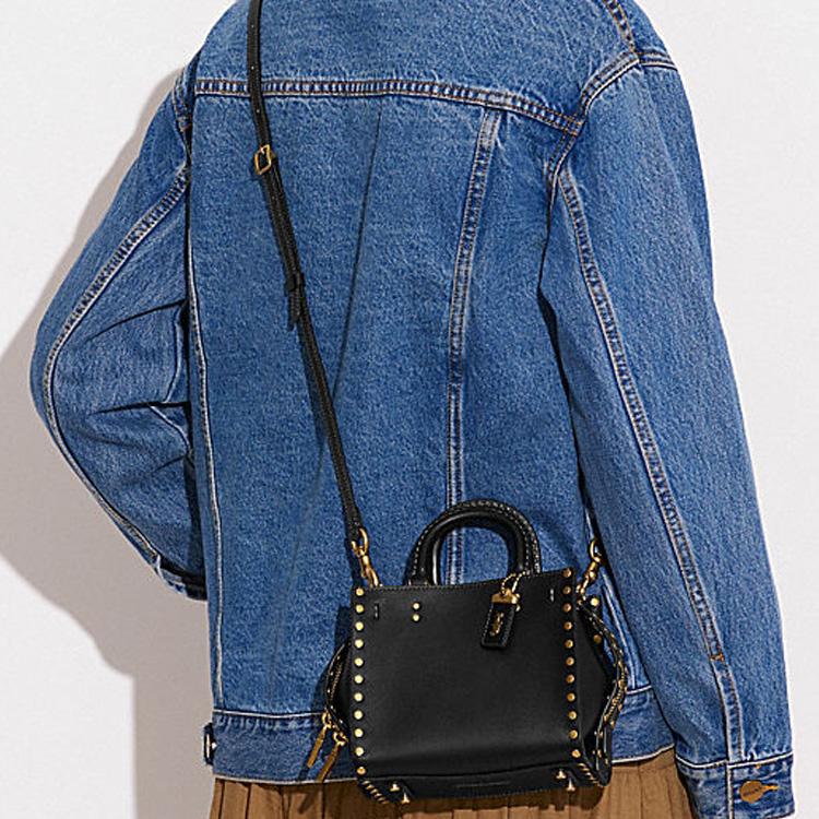 Coach Rogue 17 Fashion Shiny Polished Edge Studded Zipper Closure Leather Handbag Women handbags Black CC379-B4BK