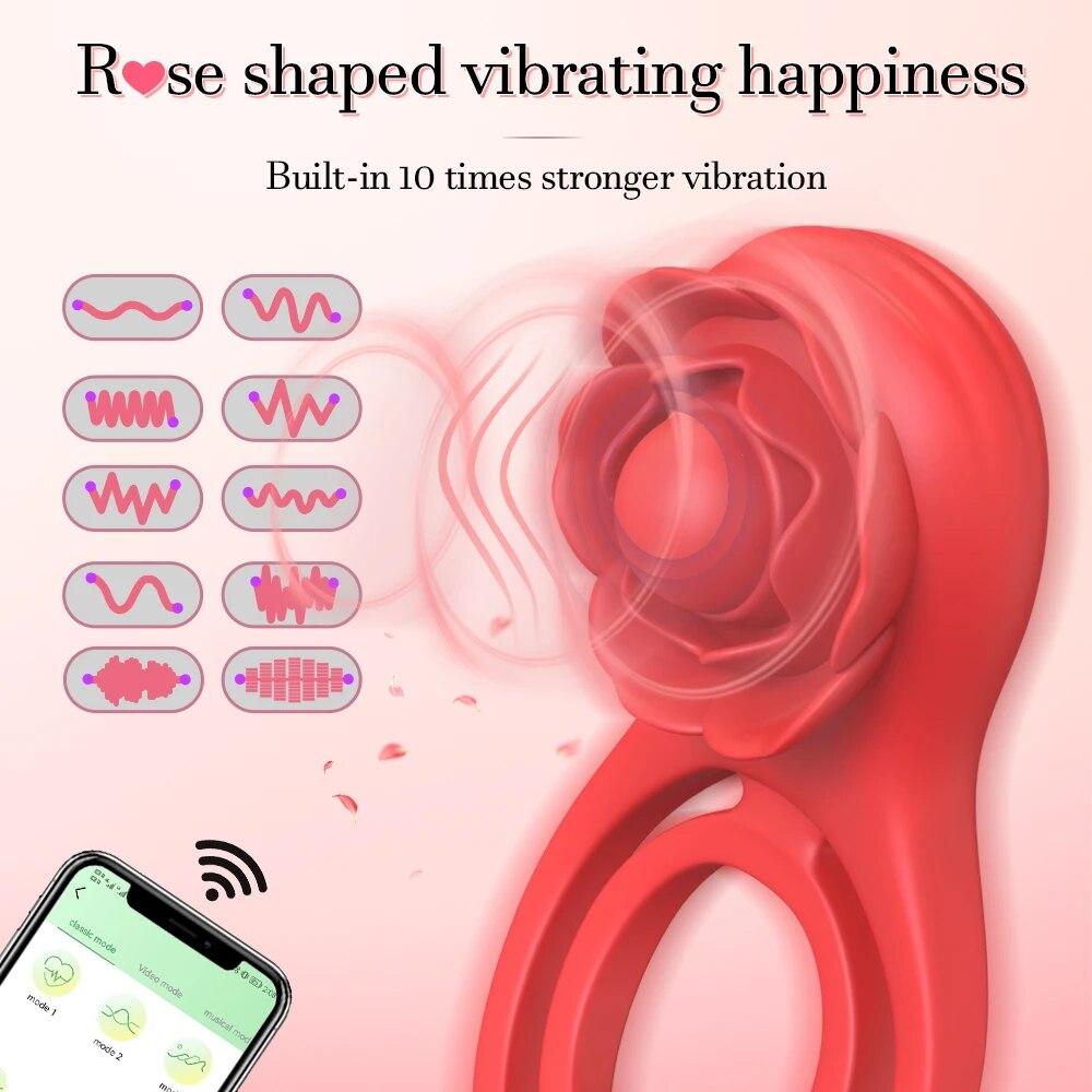 Rose-Toy Bluetooth APP Vibrátor na penisový kroužek pro muže Zámek spermatu Mužské erekční kroužky Zpoždění ejakulace Sexuální hračky pro páry
