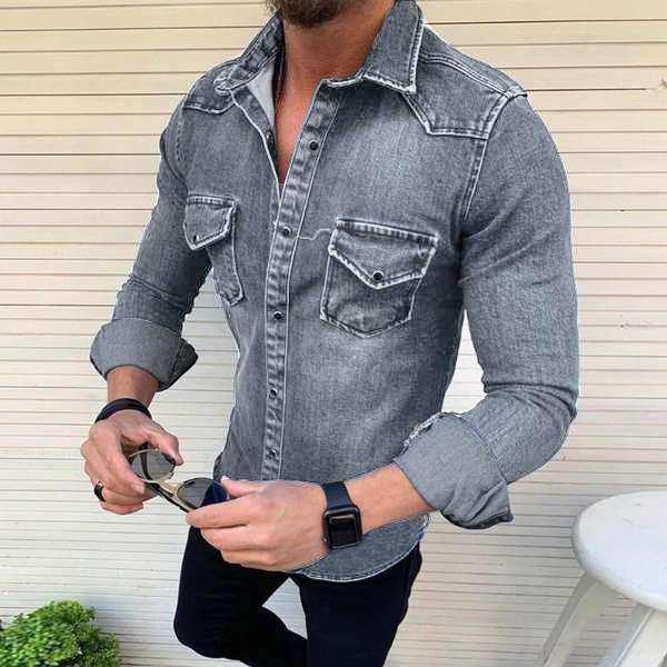 Versione Coreana Slim Fit Casual Misto Cotone Manica Lunga Lavato Vecchio Jeans Camicia da Uomo Giacca alla Moda
