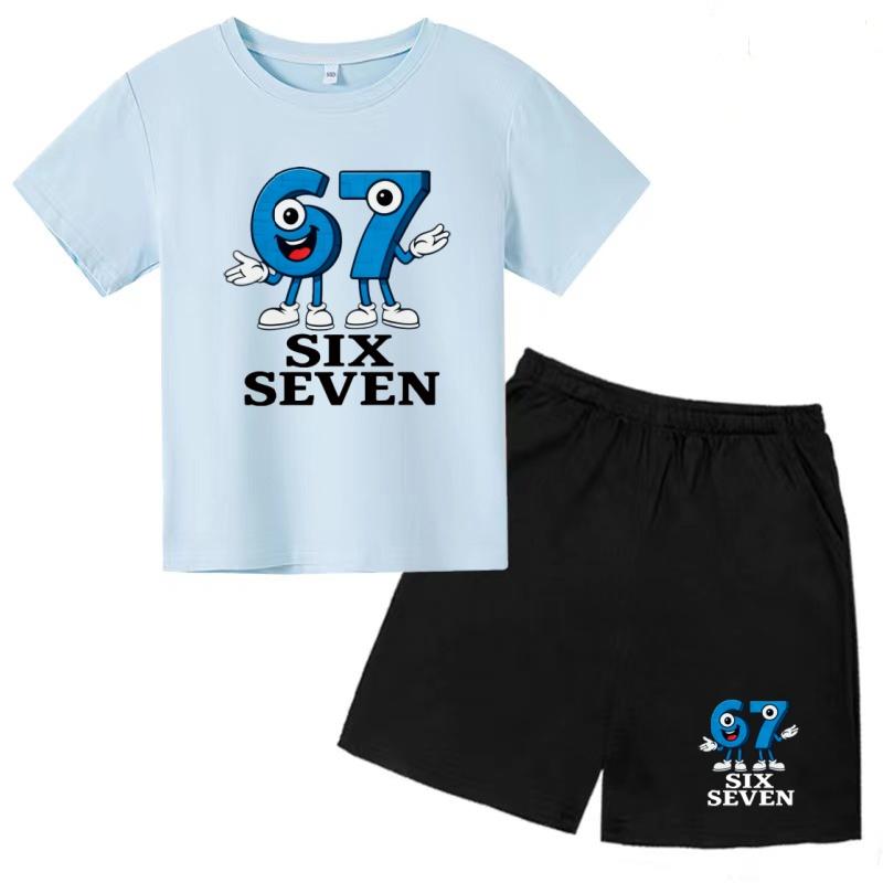 Children Summer Six Seven 67 Cartoon Print Casual Set Clothes T-shirt+Shorts 2P Charming Boy Girl Toddler 3-12 Yrs Short-sleeved