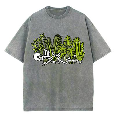 Sommer Unisex T-Shirt Übergroß Schädel Pflanzenprint Gewaschen Neutral Kurzarm Lässig Lustige Kleidung Männer