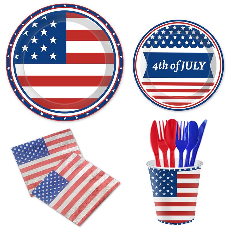 American Flag Independence Day Party Tableware Disposable Paper Plates Paper Cups Paper Towels Tablecloth Party Decoration Set