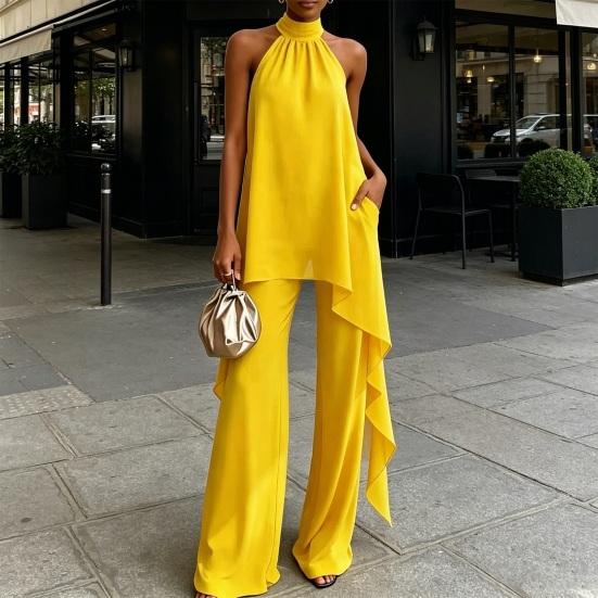 Women's Chiffon 2 Piece Sets, Asymmetrical Halter Sleeveless Tops with Wide Leg Pants Summer Outfits, Casual Vacation Lounge Matching Set