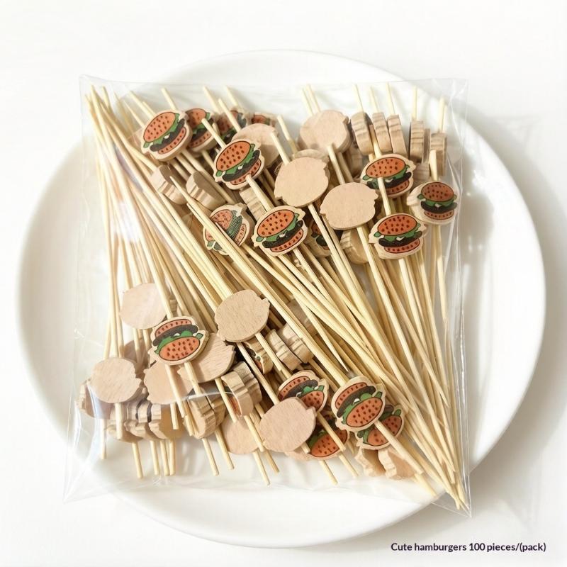 100Pcs Cute Lollipop Bow Burger Buffet Cake Cocktail Fruit Fork Disposable Bamboo Food Fruit Toothpicks For Wedding Party Decor
