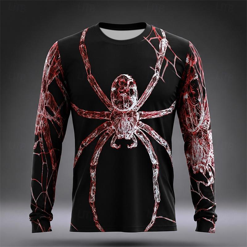Vintage 3D Spider Print Sweatshirts For Men Long Sleeve O Neck Red Graphic Daily Streetwear Halloween Party Cosplay Tee Autumn