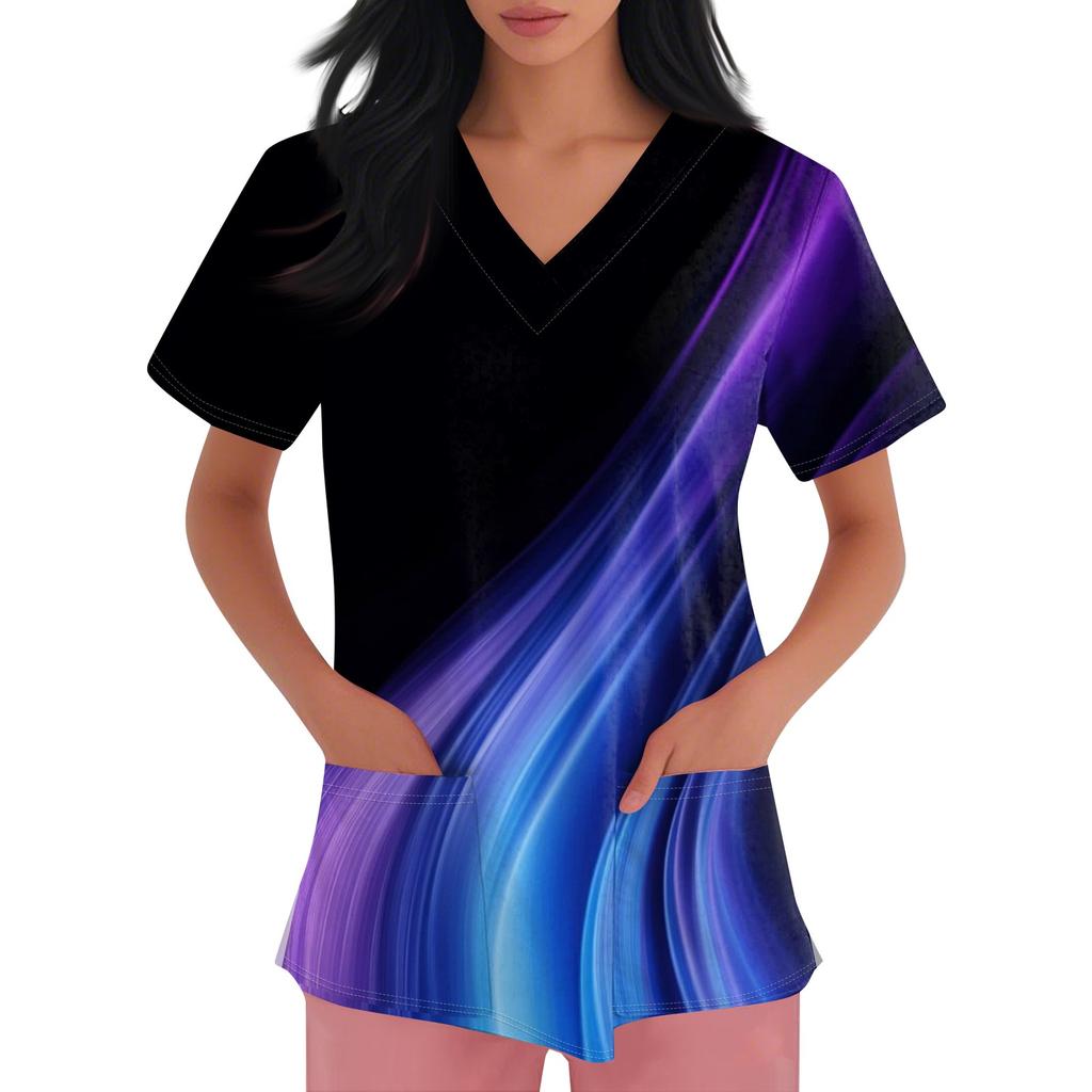 Damen Modisches bedrucktes kurzärmliges Oberteil mit V-Ausschnitt und kleiner Tasche für die Arbeit