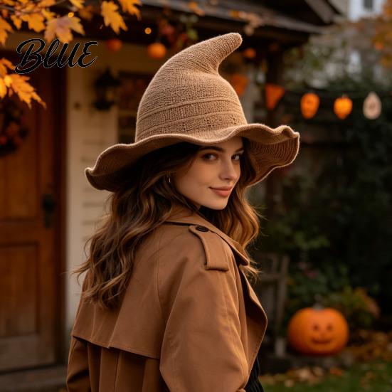 Cotton Knitted Wizard Hat Women Pointed Witch Hat Foldable Wide Brim Cap Halloween for Cosplay Autumn Winter Themed Party Costume Accessory