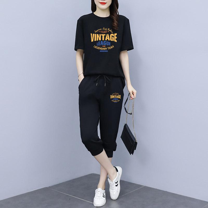 Seven-point Suit Running Casual Sports Suit Women's Five-point Pants Short-sleeved Summer Korean Version Loose Fashion Two-piece Suit