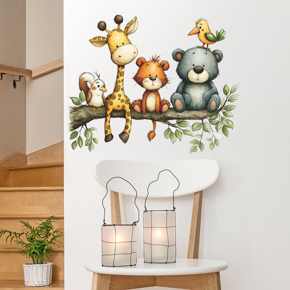 Self-adhesive Wall Stickers Cute Little Animals Sitting On Branches for Kids Room Bedroom Home Decor