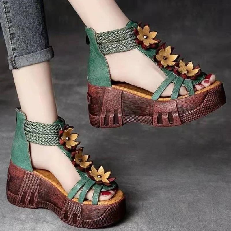 Retro Flower Sandals Women's Roman Open Toe Round Head Hollow Fish Mouth Wedges Shoes Anti-slip Slippers Sandales Femmes