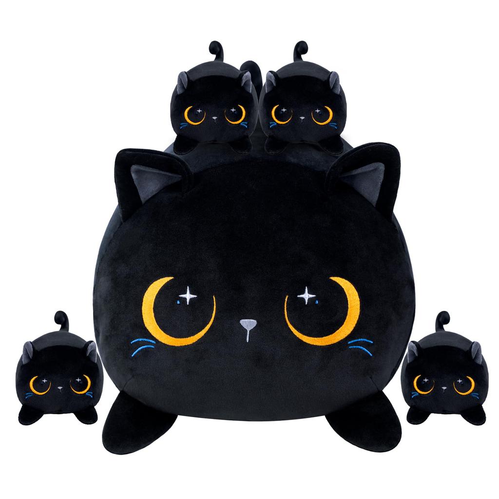 Puffpals Cat Plush Toy Body Pillow Mother Cat and 4 Kittens Set Fluffy and Squishy Body Pillow Gift Black Cat