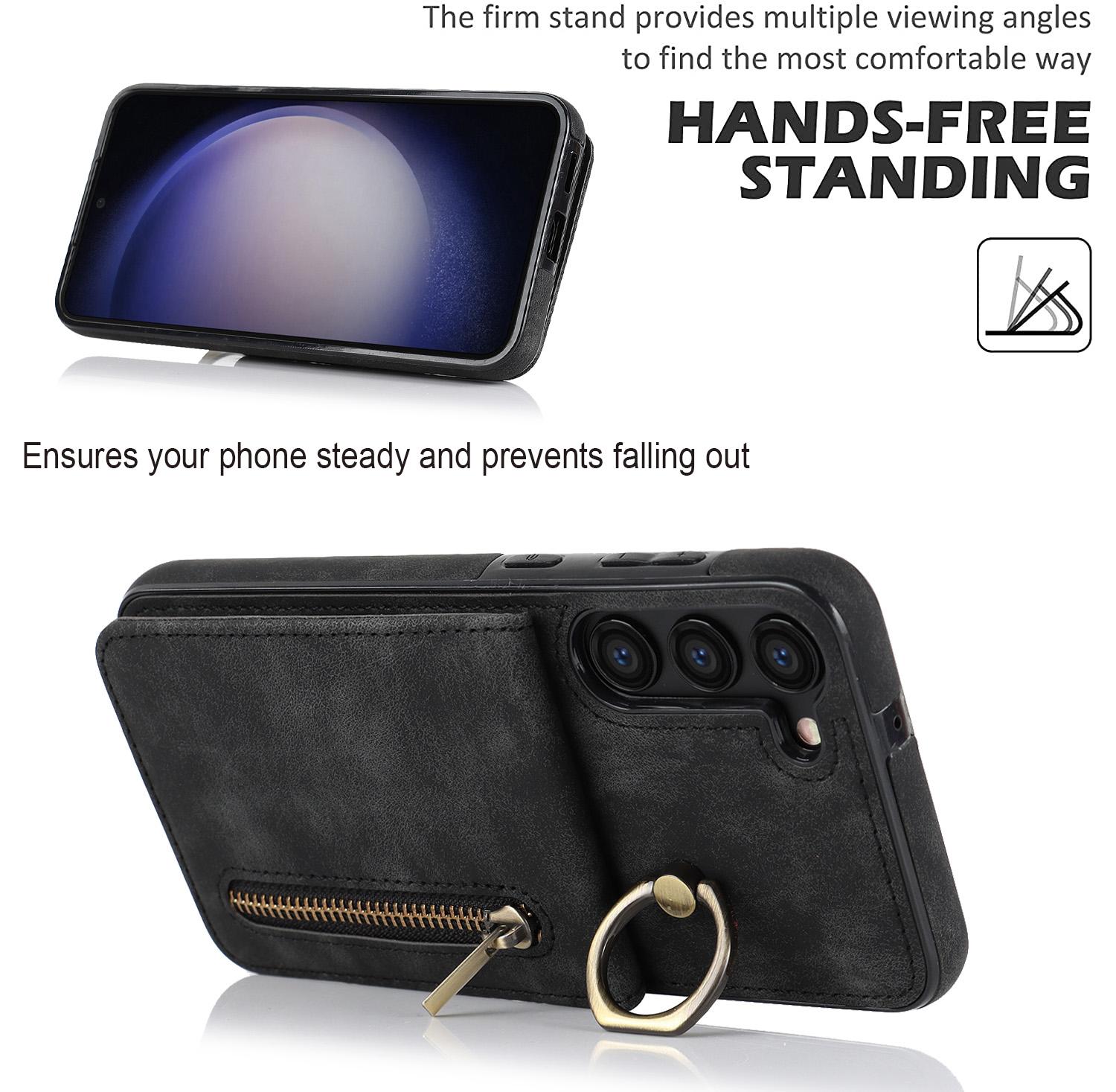 

RFID Blocking Kickstand Case for Samsung Galaxy S23 Anti-Drop PU+TPU Phone Cover with Zippered Wallet Black
