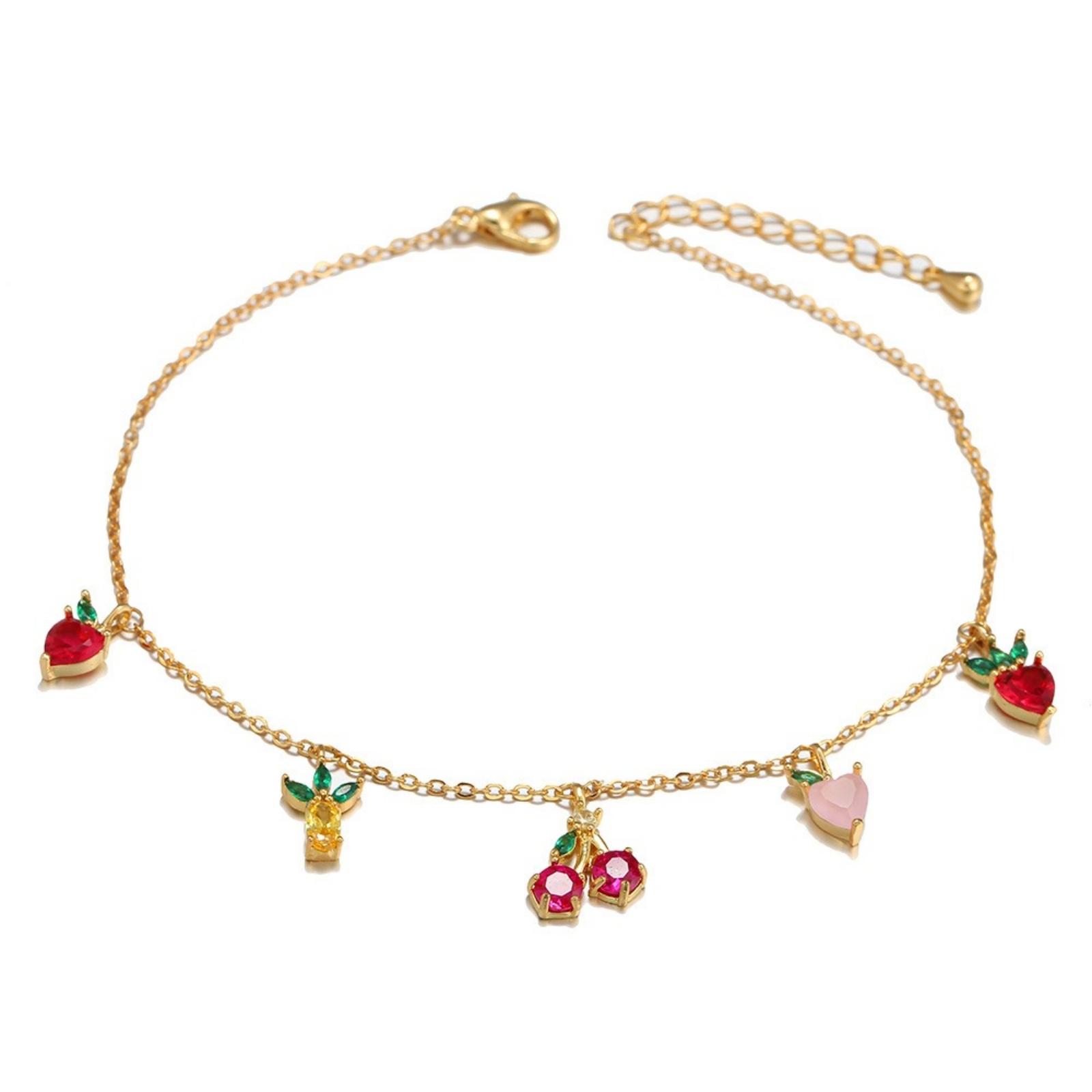 

1 Piece INS Colored Fruit Anklet Grape Peach Cubic Zirconia Brass 18K Gold Plated Foot Chain For Women Beach Gifts 22cm+3cm Long