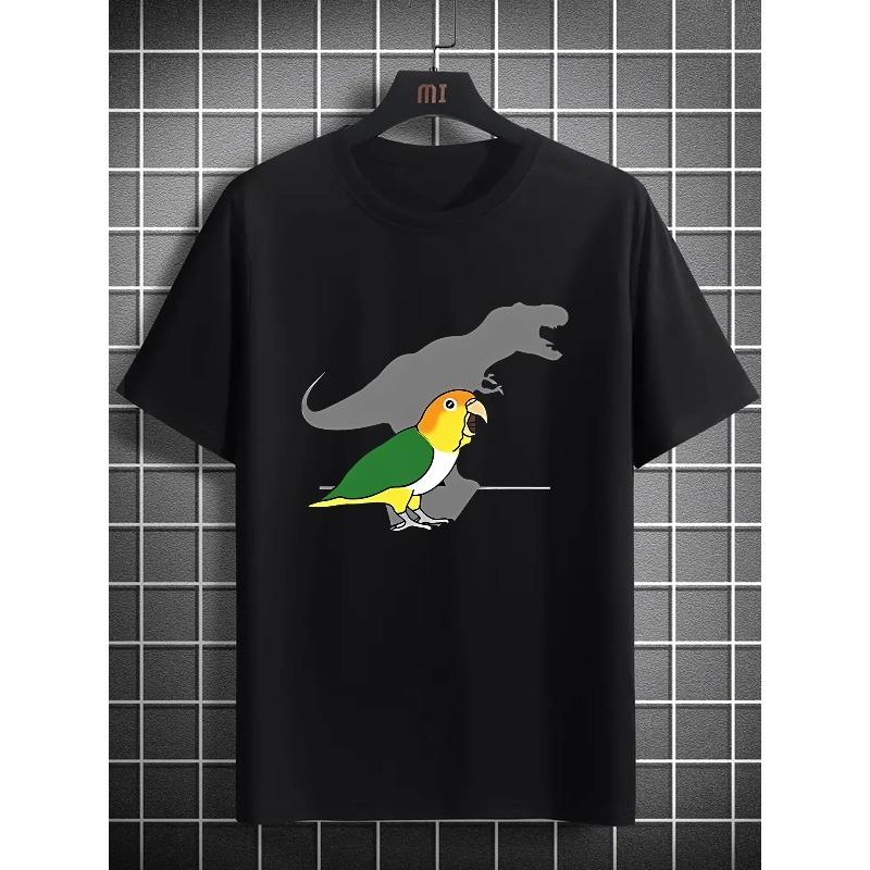 

European Size Men s Playful Parrot & Dinosaur Graphic Tee - Casual Round Neck Short Sleeve, Lightweight cotton Summer Shirt for Camping & Leisure S чёрный