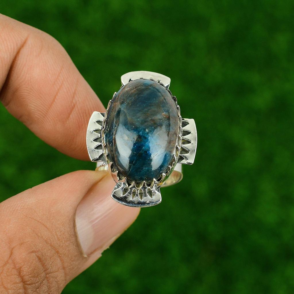 925 Silver Oval Natural Neon Apatite Daughter Stackable Bezel Ring Jewelry US 7