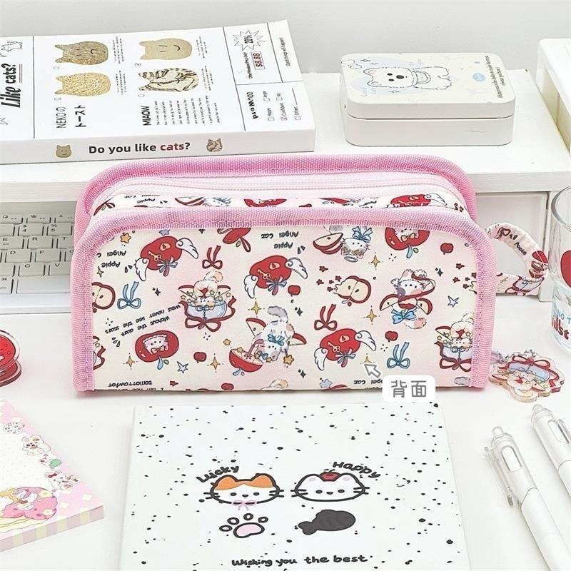 Pink Apple Cat Kitten Pain Bag Large Capacity Multi-Layer Pencil Case Student Stationery Girl Portable Cosmetic Storage Bag Gift