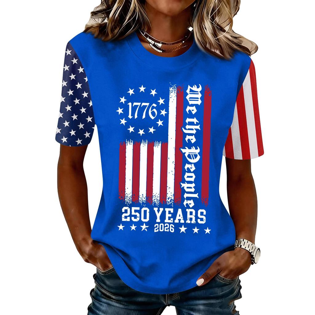 Blusa Feminina da Moda Casual de Manga Curta com Estampa e Gola Redonda