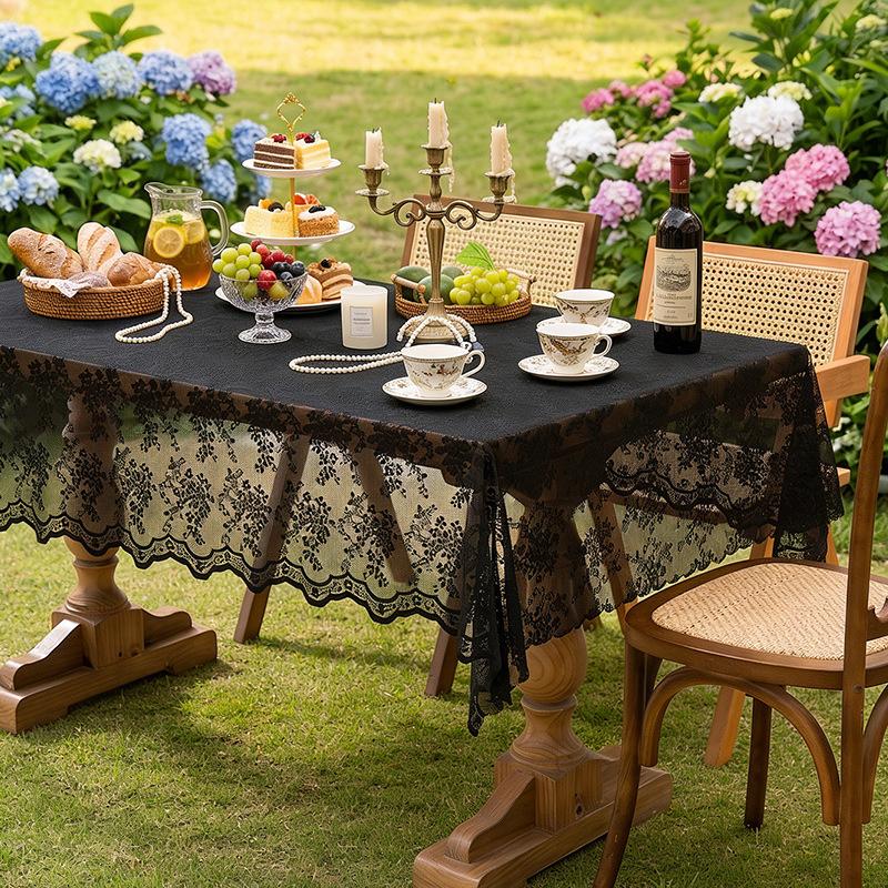 1pc Black Lace Tablecloth with Phoenix Tail Flower Embroidery for A Wedding, Suitable for Outdoor Parties and Home Decoration