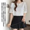 JoccKorr Short Round Lace Solid Plus Sizes Loose Perfect for Summer Women's T-Shirt, Blouse, Sleeve, Collar, Detail, Color, Fashionable, Cute,