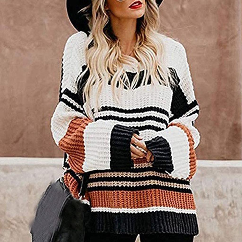 Women's Long Sleeve  Striped Color Block Casual Loose Knitted Pullover