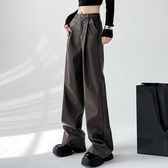 Women Spring Pants High Waist Wide-Leg Imitation Leather Trousers with Pockets Solid Color Straight Wide Leg Pants