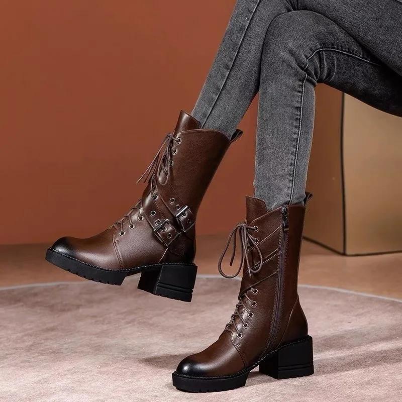 Winter New Thick Heel Cotton Boots Women's Fashion Round Head Front Strap Buckle Thick Sole Non-slip Mid-calf Boots