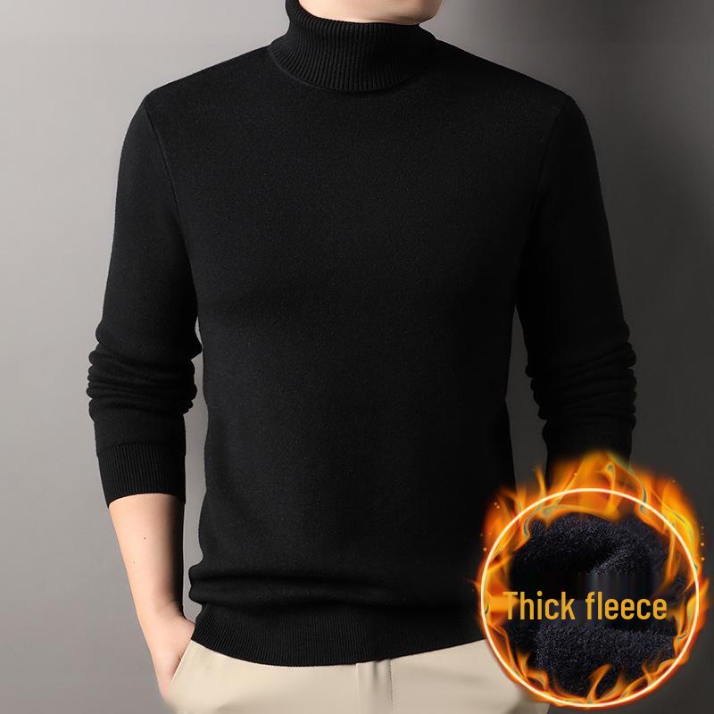 Men's Fashionable Thick Knit Pullover with Double-Fold High Neck, Fleece-Lined for Warmth, Solid Color, Perfect for Middle-Aged and Young Adults.