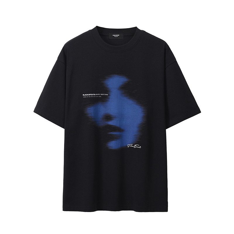 Black of Exit Dark Abstract Phantom Print Crew Neck Pure Cotton T-Shirt Short Sleeve National Trend Brand Half-Sleeve Tee for Men