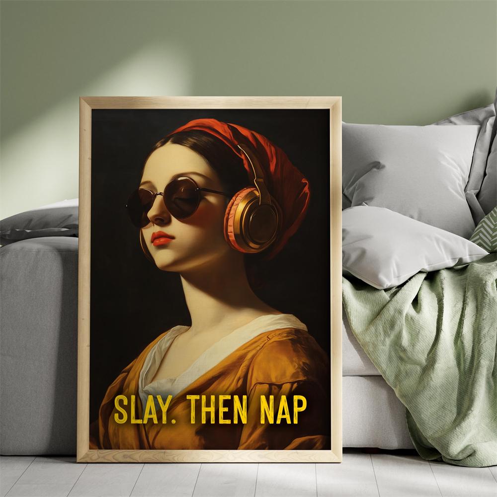 Modern Mona Lisa Art Print Poster Music Lover Wall Art Canvas Painting Headphones Sunglasses Funny Classic Art Poster