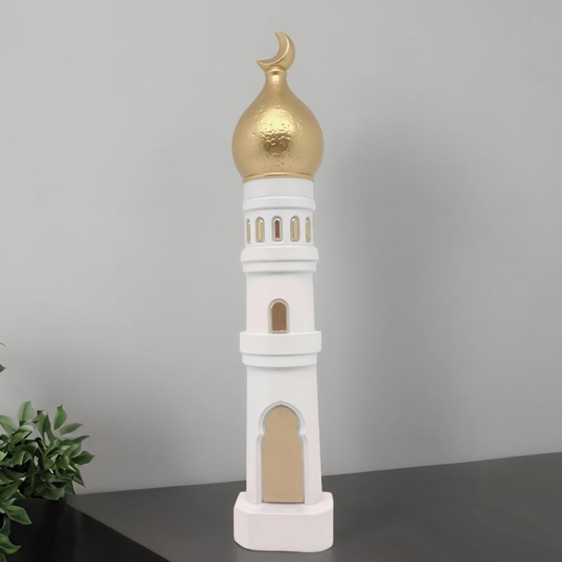 Gold and White Mosque Tower Model Desktop Ornament,Ramadans Eid Home Decors Decorative Ornament for Table Bookshelf