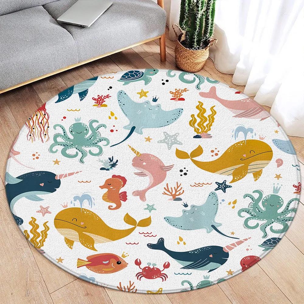 Cartoon Ronde Vloerkleed Oceaanvissen Dolfijn Zeester Schattige Herten Leeuw Olifant Tijger Kinderkamer Mat Huis Woonkamer Decor Vloerkleed Diameter 60cm