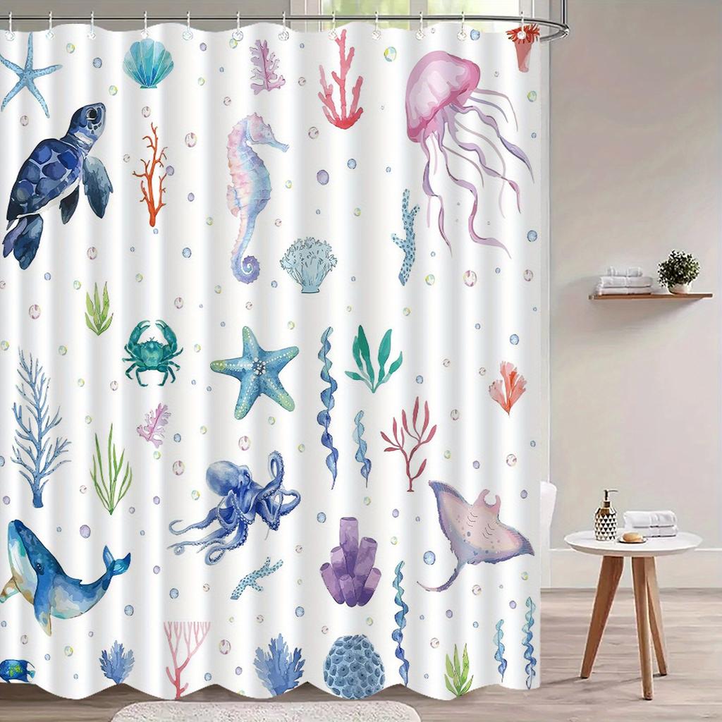 1pc Oceanic Shower Curtain with Hooks - Washable Polyester, Colorful Sea Creatures Design, Includes Jellyfish, Turtle