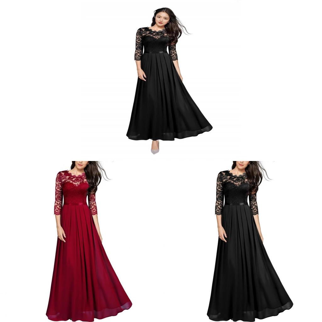 Elegante Abito Lungo in Pizzo da Donna con Tessuto in Chiffon Giuntato per Eventi Formali