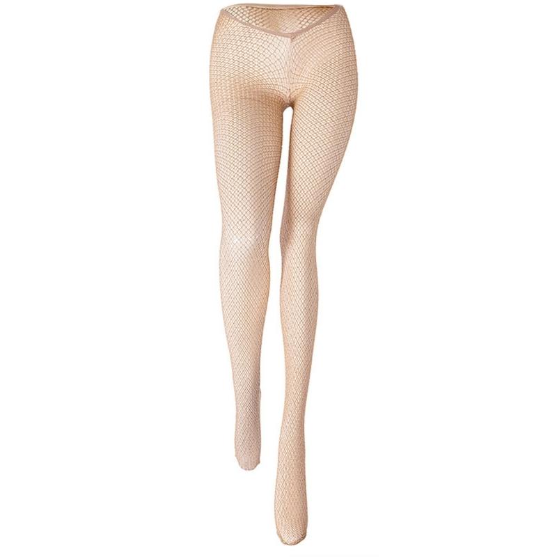 Women Hollowout Sheer Fishnet Tights Stockings Low Cut V Waist Shimmering Metallic Pantyhose Leggings Party Hosiery