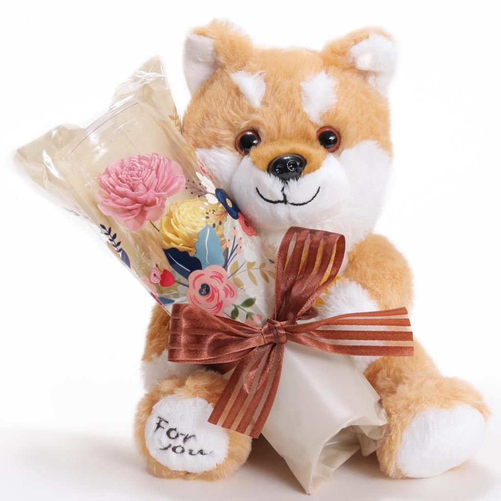 liLYS Preserved Flower Shiba Inu Plush Toy with Single Perfect Gift for and Birthdays Pink and épice Rose, Celebrations, Anniversaries, (Shiba Inu,