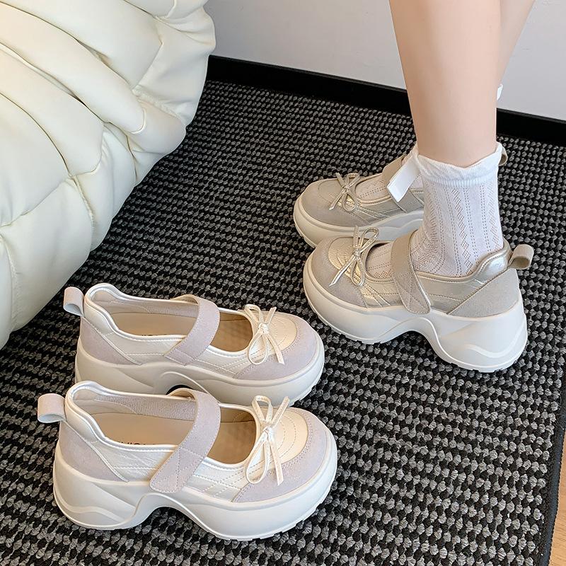 2025 autumn new bow shallow mouth casual single shoes women's round head Velcro thick sole small Mary Jane shoes