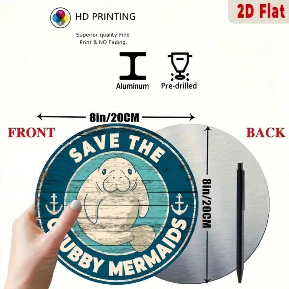 Whimsical Manatee Metal Sign - Save The Mermaids, Round Decorative Wall Art for Marine Themed Store or Garage