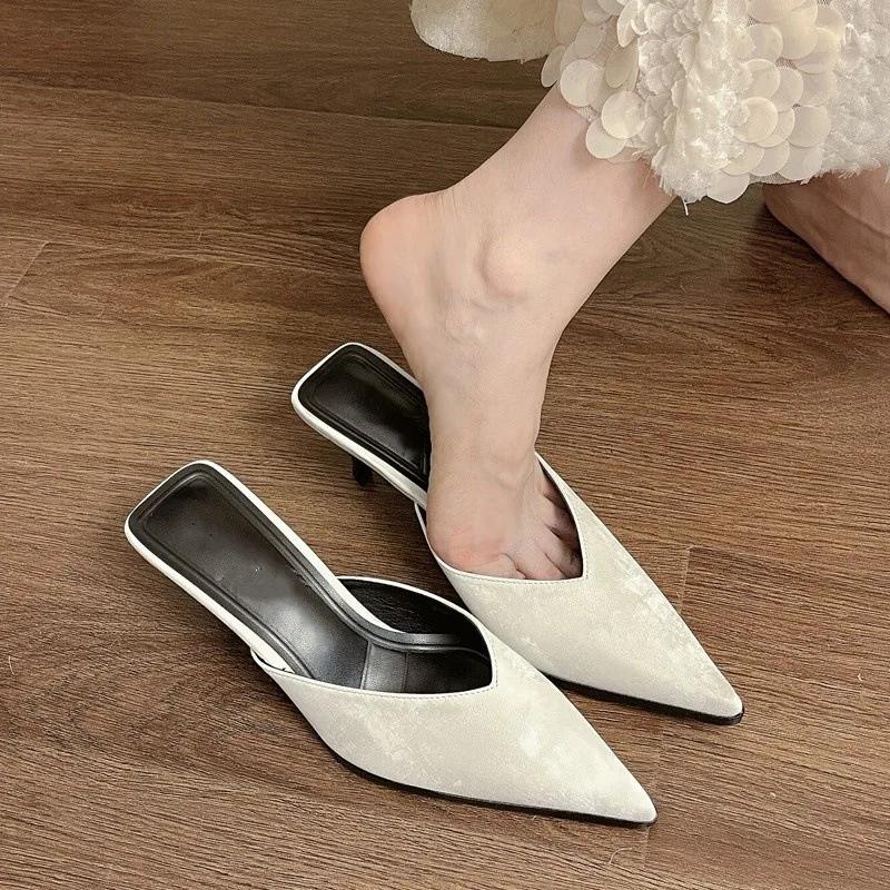 Fashion 2025 New Thin Pointed Thin Heel V-mouth High Heel Temperament Bao Head Half Slippers Women Wear