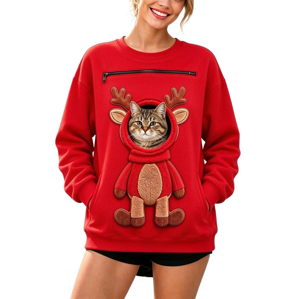 Felpa Unisex a Maniche Lunghe con Tasca per Cane, Pullover Caldo Casual Largo