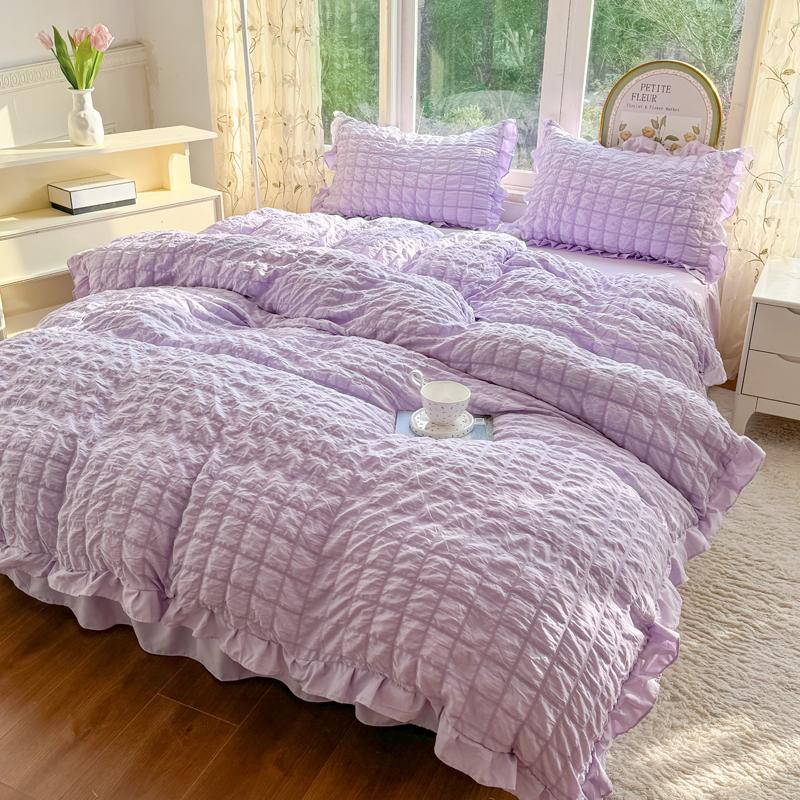 Korean Princess Style Lace Ruffles Bedding Set Skin-friendly Soft Seersucker Duvet Cover Set Bed Sheet Or Bed Skirt Pillowcases