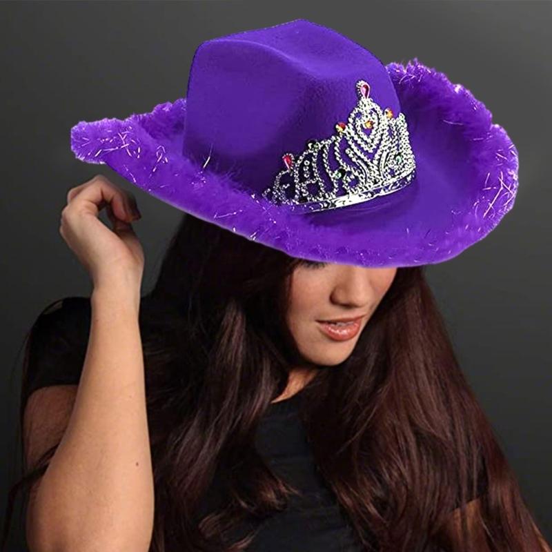 Feather Tinsel Brim Cowboy Hat for Women Western Cowboy Hat Church Hat Model Show Cowboy Hat Rhinestones Crown Hat