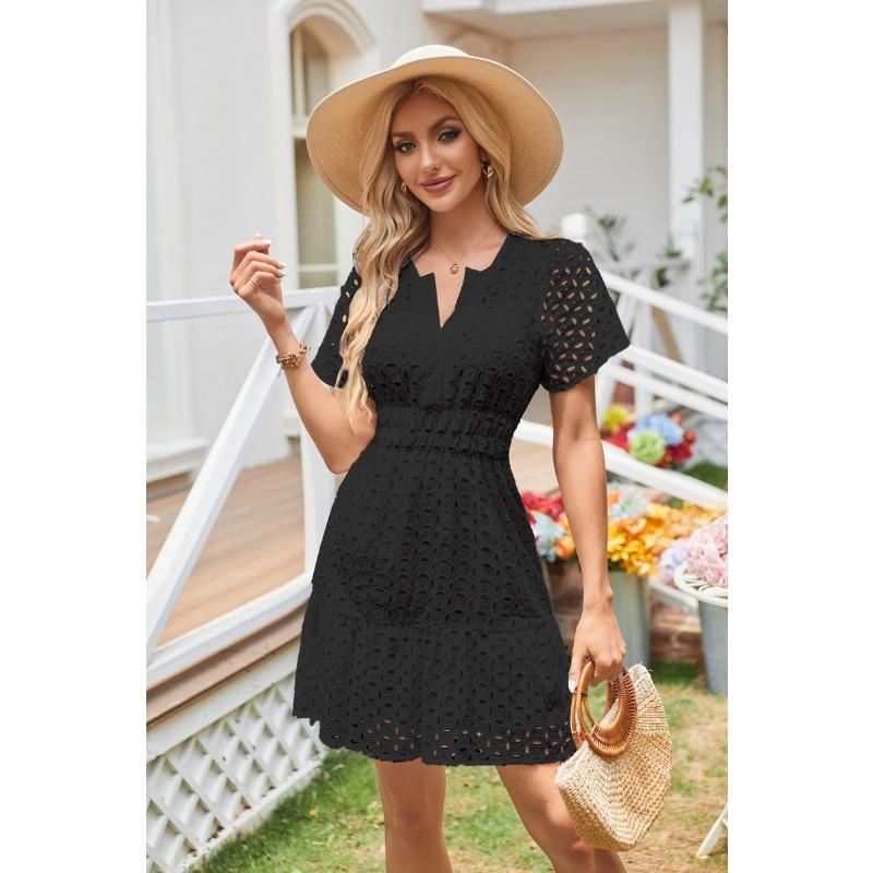 Mode Kurzarm Casual Frauen Spitzenkleid Sommer Neue Elegante Aushöhlen Sexy Kleid Frau V-ausschnitt A-linie Vintage Solide Mini Kleider 1075