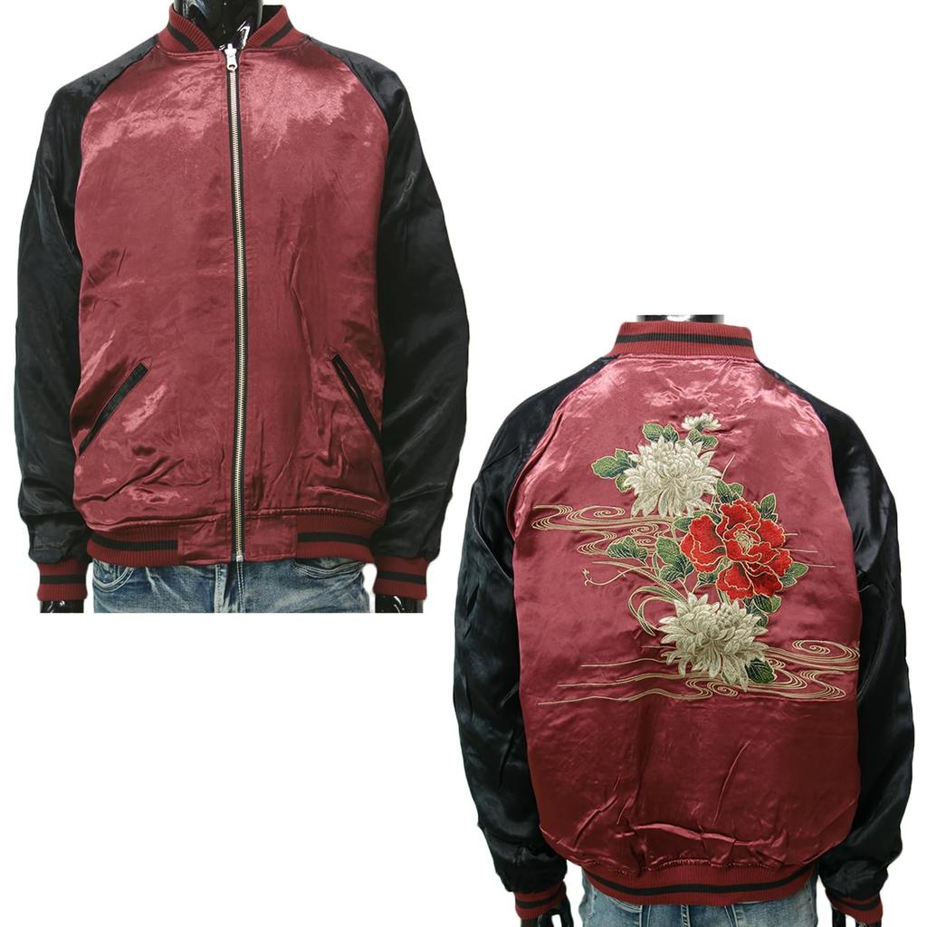 Karakuridama Reversible Sukajan Jacket with and Peony 253063 Kirin, Chrysanthemum, Embroidery, Men's, (JP, Alphabet, LL, Black/Col20)