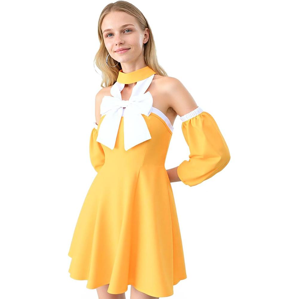 

Женское желтое мини-платье Платье для косплея Леви Полный комплект Аниме Кос Сценический костюм для танцев 3XL