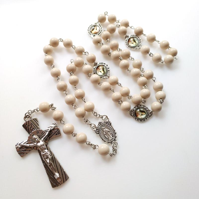 Catholic White Beads Rosary Necklace Virgin Mary Medal & for Cross Pendant Favors for Baptism Communion Weddings Party