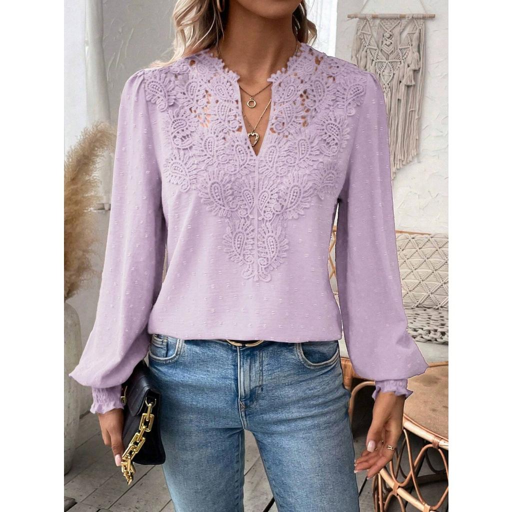 Fashion V-neck Lace Solid Color Long-sleeved Casual T-shirt Women's Top