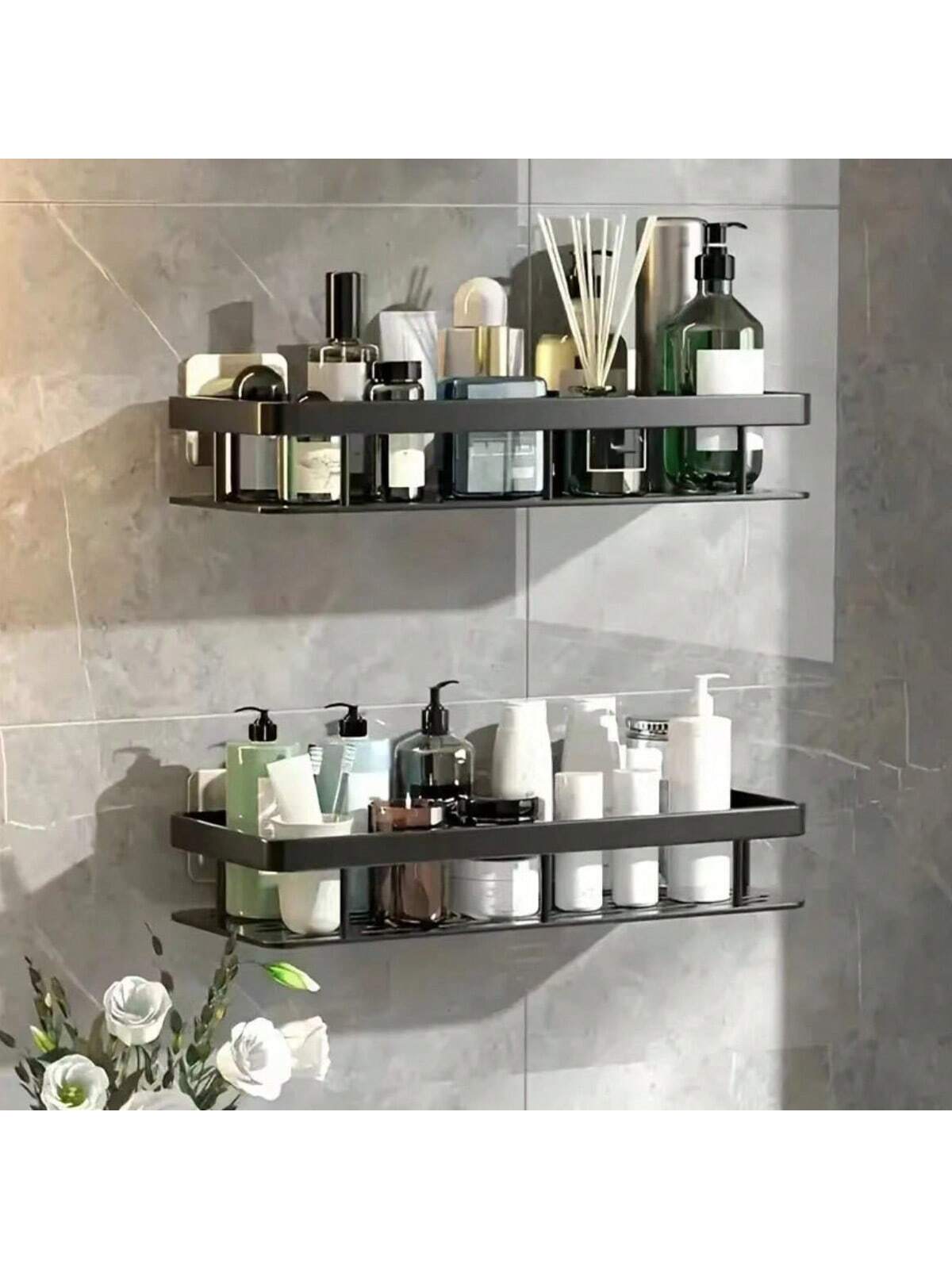 

1 шт./2 шт. Настенная полка для хранения большой вместимости без сверления для ванной комнаты и кухни, легко устанавливается, экономит место чёрный